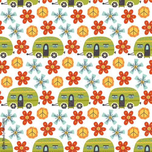 Retro peace floral camper seamless pattern. Happy Flower. Nature Digital paper for nursery room, textile decor, kids wallpaper. Children repeat background for fabric design