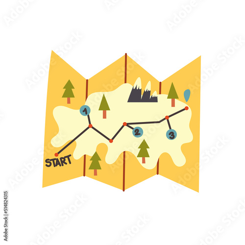 Trekking map for the hike forest, mountain, tree. Doodle hand drawn naive vector illustration