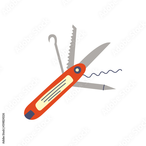 Universal folding knife. Camping equipment. Hiking clipart. Children design isolated element vector doodle naive art illustration