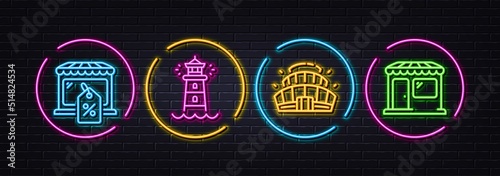 Market sale, Lighthouse and Arena stadium minimal line icons. Neon laser 3d lights. Market icons. For web, application, printing. Store discounts, Searchlight tower, Competition building. Vector
