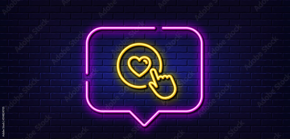 Neon light speech bubble. Click like line icon. Love button symbol. Valentines day sign. Neon light background. Like button glow line. Brick wall banner. Vector Neon light speech bubble. Click like line icon. Love button symbol. Valentines day sign. Neon light background. Like button glow line. Brick wall banner. Vector