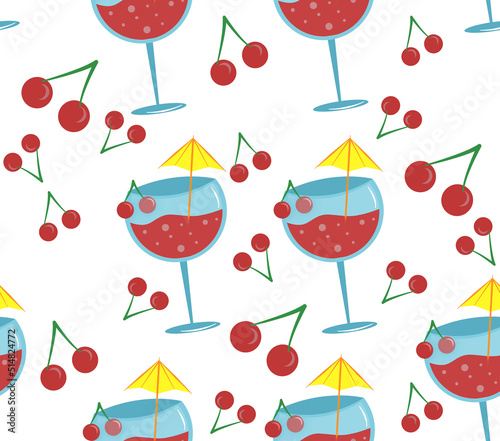 Cherry flavored cocktail glass seamless paternoster illustration . Design and print for printing on clothing, napkins, tablecloths, linens, tableware.