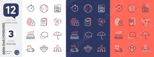 Set of Restructuring, Recovery ssd and Video conference line icons. Include Delivery notification, Handout, Timer icons. Lightweight mattress, World planet, Umbrella web elements. Lock. Vector