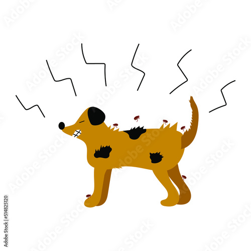 Vector illustration of a dog being attacked by fleas. The dog itches. Ectoparasite infestation. The dog is bitten by fleas. Angry dog. Actual summer illustration on the theme of animals.