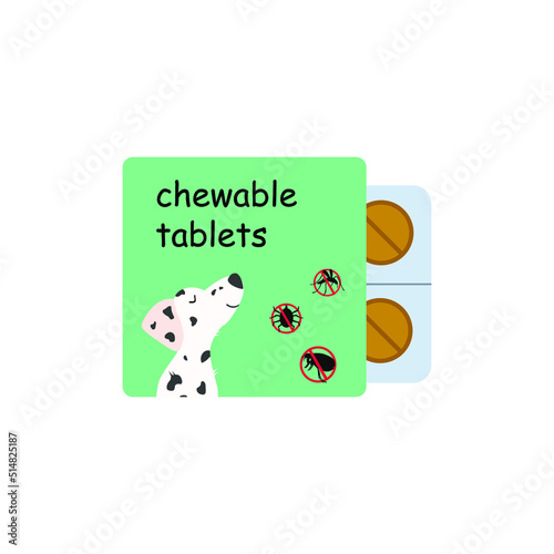 Flea tablets for dogs. Vector illustration of a flea and tick remedy for dogs. Treatment of animals from insects. Illustration with white isolated background. Tick pill. Veterinary medicine. 