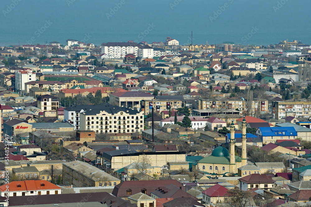 Derbent. Russia. April 09, 2021. Republic of Dagestan. View of the ancient city with a thousand-year history from the pre-Arab fortress of Naryn-Kara. The city of Derbent was founded in 438 AD.
