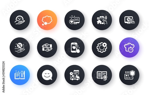 Minimal set of Cogwheel, Loan percent and Talk bubble flat icons for web development. Cooking timer, Delivery, House security icons. Online shopping, Safe time, Heart rating web elements. Vector