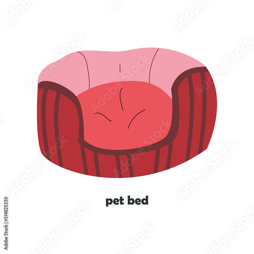 Vector illustration of an animal bed in a flat style. Brown bed with stripes for pets. Soft place for animals. Bed for dogs. Bed for cats. White isolated background.