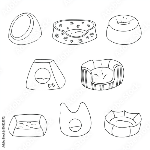 Set of beds for dogs and cats. Pet beds in contour style. Soft place for pets. Illustration for a pet shop. Vector illustration with white isolated background.