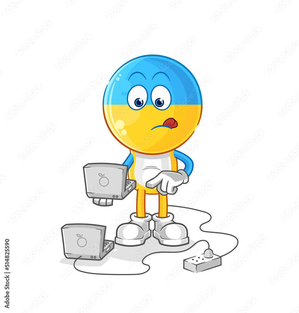 ukraine flag head with laptop mascot. cartoon vector ukraine flag head with laptop mascot. cartoon vector