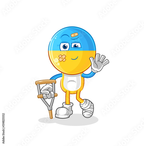ukraine flag head sick with limping stick. cartoon mascot vector