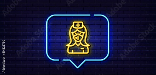 Neon light speech bubble. Nurse with medical mask line icon. Doctor assistant sign. Face protection symbol. Neon light background. Nurse glow line. Brick wall banner. Vector