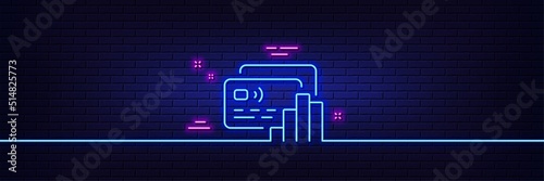 Neon light glow effect. Credit card line icon. Bank money payment sign. Finance statistics symbol. 3d line neon glow icon. Brick wall banner. Card outline. Vector