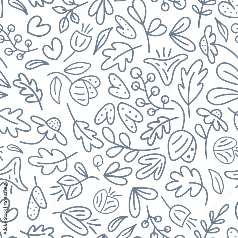Seamless pattern with flowers and leaves on a white background. A sketch for coloring. Colouring anti-stress Seamless pattern with flowers and leaves on a white background. A sketch for coloring. Colouring anti-stress