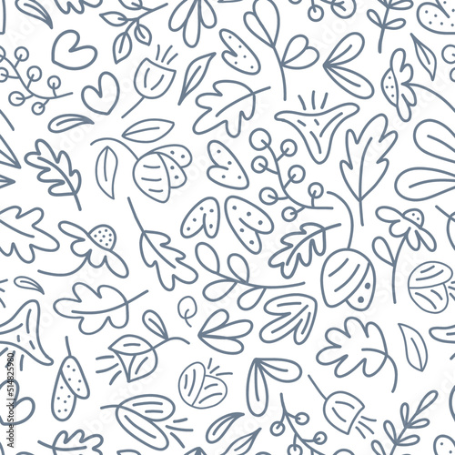 Seamless pattern with flowers and leaves on a white background. A sketch for coloring. Colouring anti-stress