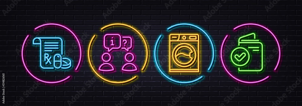 Medical prescription, Washing machine and Interview minimal line icons. Neon laser 3d lights. Verification document icons. For web, application, printing. Vector Medical prescription, Washing machine and Interview minimal line icons. Neon laser 3d lights. Verification document icons. For web, application, printing. Vector