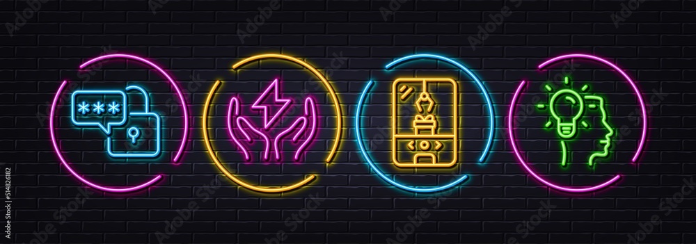 Lock, Safe energy and Crane claw machine minimal line icons. Neon laser 3d lights. Idea icons. For web, application, printing. Padlock pass, Thunderbolt, Attraction park. Professional job. Vector