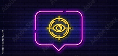 Neon light speech bubble. Eye target line icon. Oculist clinic sign. Optometry vision symbol. Neon light background. Eye target glow line. Brick wall banner. Vector