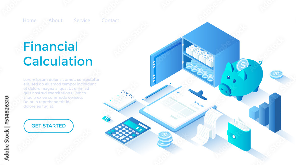 Financial calculations. Bookkeeping, audit, analysis, reporting, accounting. Invoice, piggy bank, safe, money. Isometric illustration. Landing page template for web on white background.