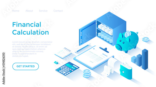 Financial calculations. Bookkeeping, audit, analysis, reporting, accounting. Invoice, piggy bank, safe, money. Isometric illustration. Landing page template for web on white background.