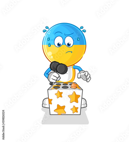 ukraine flag head play whack a mole mascot. cartoon vector