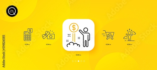 Calculator, Shopping cart and Income money minimal line icons. Yellow abstract background. Difficult stress, Loyalty gift icons. For web, application, printing. Vector