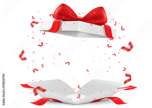 Opened gift box blank with red ribbon and bow. Isolated on a white background. Realistic 3D vector illustration