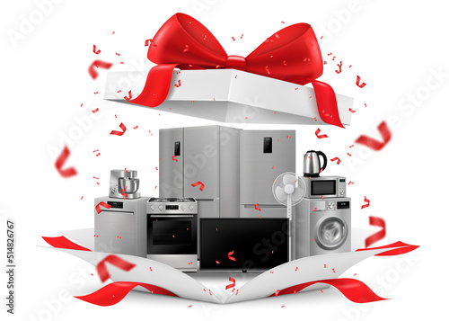 Gift concept, home appliances inside gift box. Refrigerator, microwave, food processor, TV, washing machine, gas stove, isolated on white background. 3D rendering. Realistic vector illustration