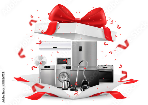 Gift concept, home appliances inside gift box. Refrigerator, microwave, food processor, TV, washing machine, gas stove, isolated on white background. 3D rendering. Realistic vector illustration