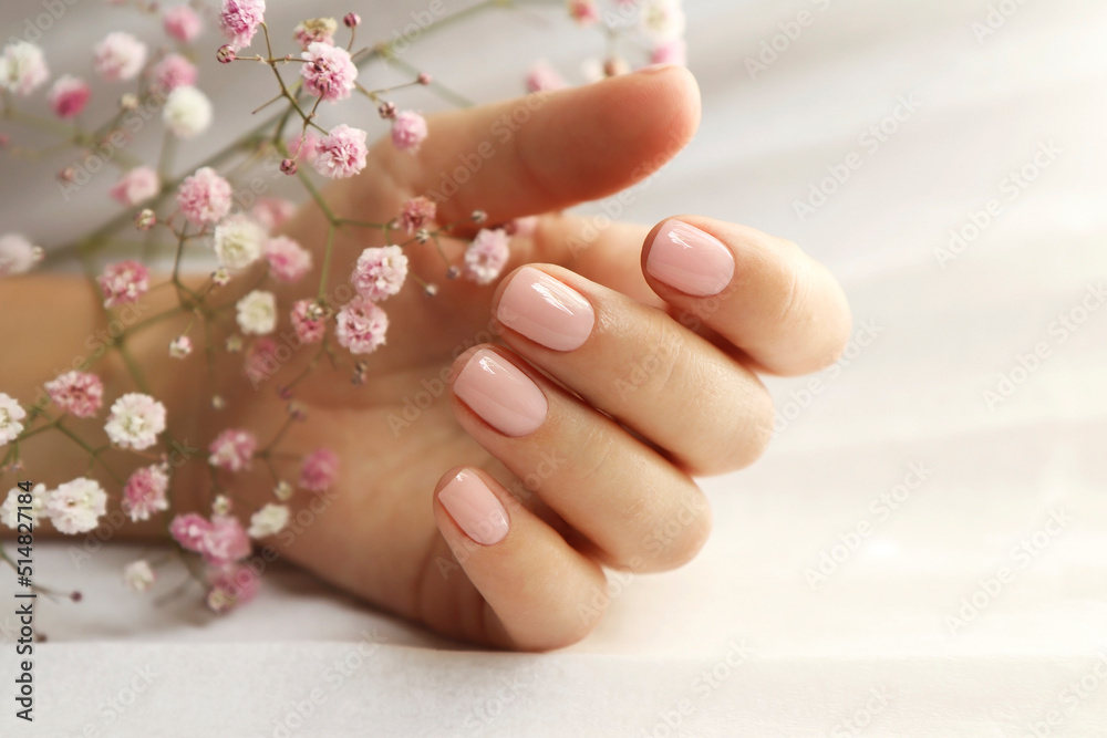 Light pink manicure on short nails with Gypsophila. - obrazy, fototapety, plakaty 