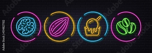 Walnut, Almond nut and Ice cream minimal line icons. Neon laser 3d lights. Coffee-berry beans icons. For web, application, printing. Vegetarian food, Sundae cup, Coffee beans. Vector