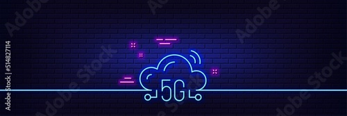 Neon light glow effect. 5g cloud computing line icon. Wireless technology sign. Mobile wifi internet symbol. 3d line neon glow icon. Brick wall banner. 5g cloud outline. Vector