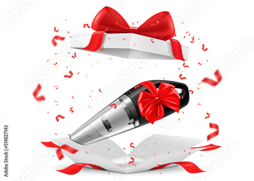 Manual car vacuum cleaner with red ribbon and bow inside open gift box. 3D rendering. Gift concept. Realistic vector illustration isolated on white background