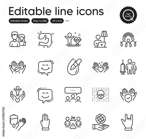 Set of People outline icons. Contains icons as Smile chat, Meeting and Like elements. Safe planet, Inclusion, Volunteer web signs. Blood, Teamwork, Medical vaccination elements. Vector