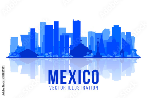 Mexico city skyline silhouette on a white background. Flat vector illustration. Business travel and tourism concept with modern buildings. Image for banner or web site.