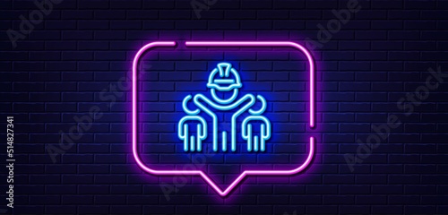 Neon light speech bubble. Engineering team line icon. Engineer or architect group sign. Construction helmet symbol. Neon light background. Engineering team glow line. Brick wall banner. Vector