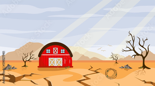 Vector illustration of natural disaster. Cartoon landscape with drought on the farm that destroyed all vegetation.