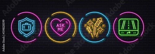 Luggage protect, Ask me and Fireworks rocket minimal line icons. Neon laser 3d lights. Gps icons. For web, application, printing. Baggage defense, Love sweetheart, Pyrotechnic salute. Vector