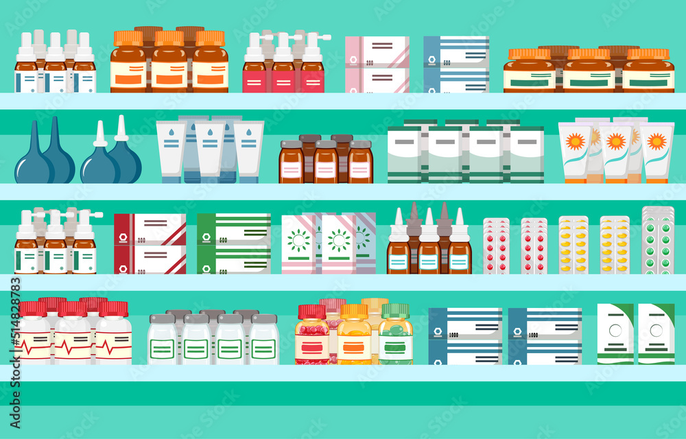 Medicine shelf. Pharmacy showcase. Vector illustration background with formacology products.