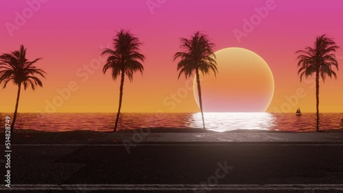 Moving along the ocean side of the road with coconut palm trees in sunshine. 3d Synthwave animated background. Seamless loop.