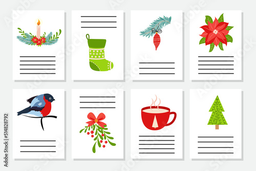 Set of Christmas greeting or invitation. Postcards with New Years symbols, Christmas tree, snowflakes, gifts, candy cane