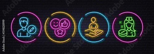 Like, Recruitment and Edit person minimal line icons. Neon laser 3d lights. Nurse icons. For web, application, printing. Social media likes, Hr, Change user info. Medicine pill. Vector