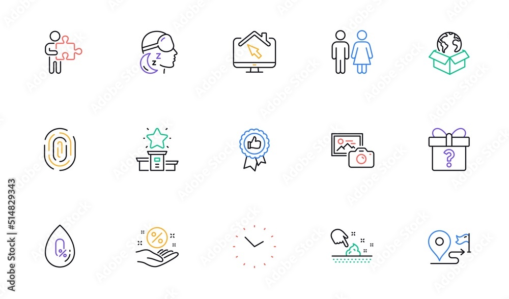 Restroom, Fingerprint and Delivery service line icons for website, printing. Collection of Secret gift, Insomnia, Time icons. Winner podium, Work home, Skin moisture web elements. Vector Restroom, Fingerprint and Delivery service line icons for website, printing. Collection of Secret gift, Insomnia, Time icons. Winner podium, Work home, Skin moisture web elements. Vector