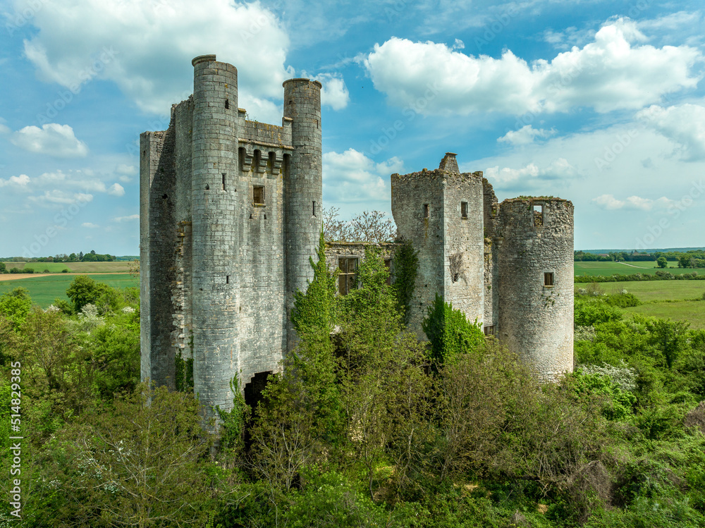 Aerial close up view of Passy Les Tours castle built on a barlong plan of about 50 m on each side flanked by four round towers and a donjon