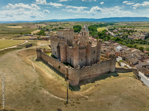 Aerial view of Turégano a village and municipality of Spain in the province of Segovia, Castile and León. Medieval feudal castle with donjon, circular towers integrating church of San Miguel photo