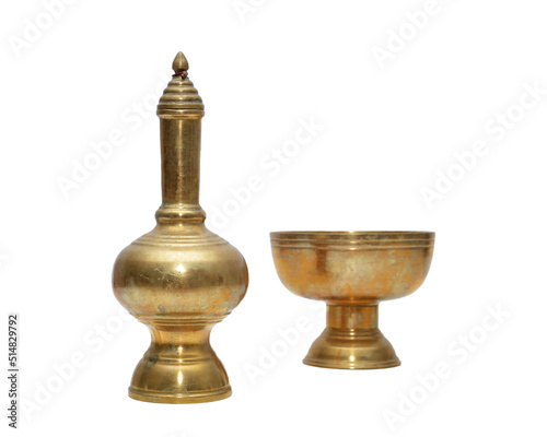 Buddhist's Grail, brass ewer container pour water isolated on white background