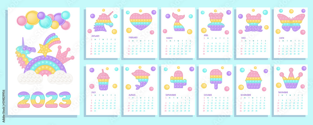Pop it pastel calendar 2023 with fidget toys figures. Vector illustration in popit style as fashionable silicone toy for fidgets. Printable wall vertical calendar with kids illustrations.