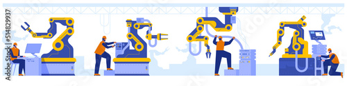 Industrial maintenance. Robotics experts vector illustration. Factory equipment. Man repairing automated machine hand. Manufactory male workers in hard hat 2D cartoon characters for commercial use