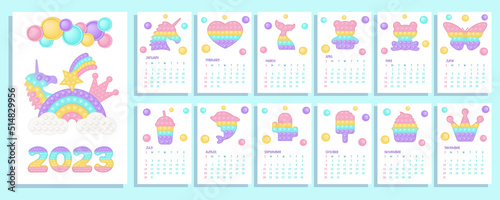 Pop it pastel calendar 2023 with fidget toys figures. Vector illustration in popit style as fashionable silicone toy for fidgets. Printable wall vertical calendar with kids illustrations.