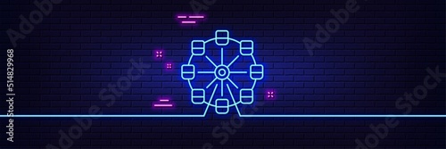 Neon light glow effect. Ferris wheel line icon. Amusement park sign. Carousels symbol. 3d line neon glow icon. Brick wall banner. Ferris wheel outline. Vector